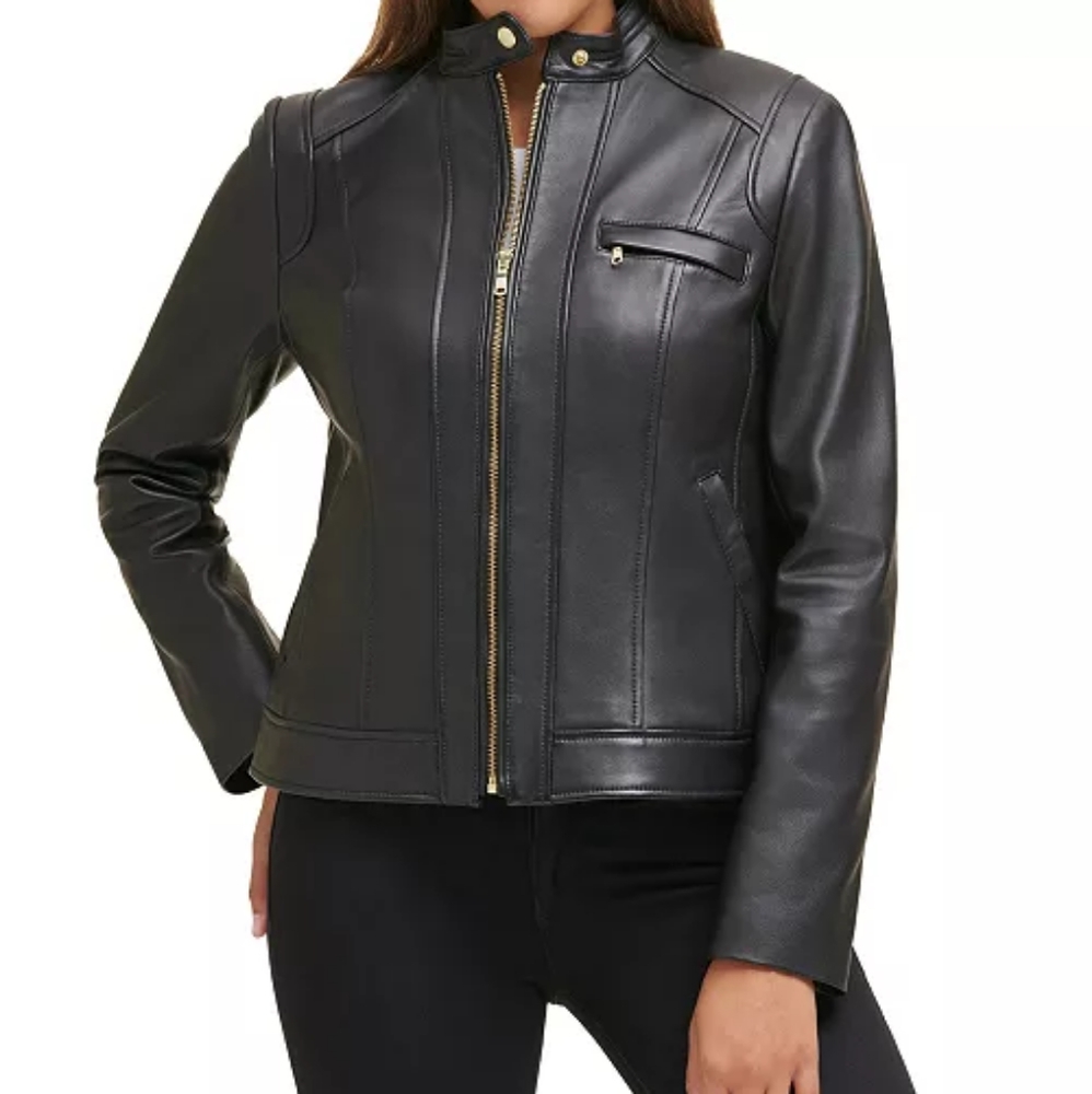 Cole Haan sz M Stand-Collar Leather Moto Coat